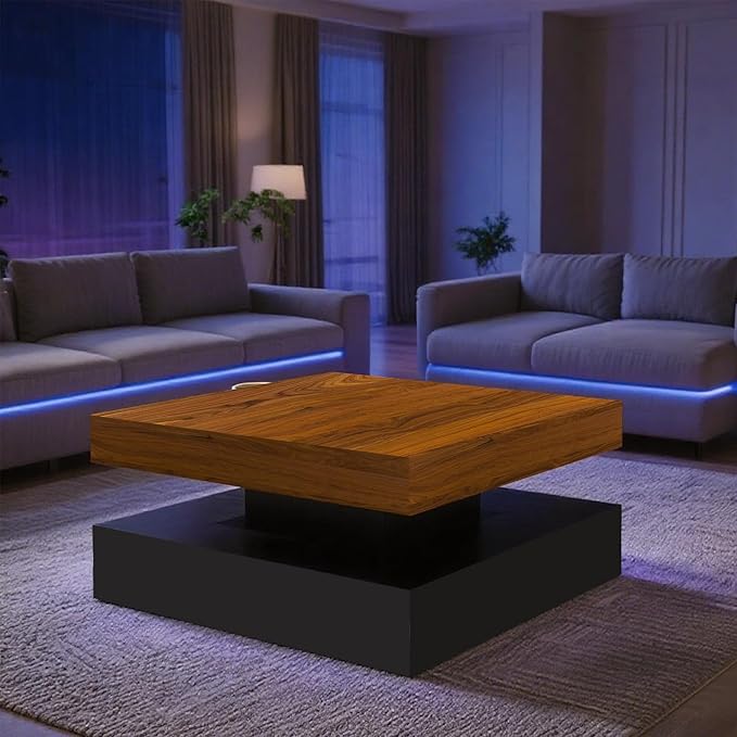 LED Coffee Table for Living Room, 2-Tier Modern Square Center Table with Music Sync Lights, High Gloss Surface, 30 3/4" x 30 3/4" (Rustic Brown+Black)