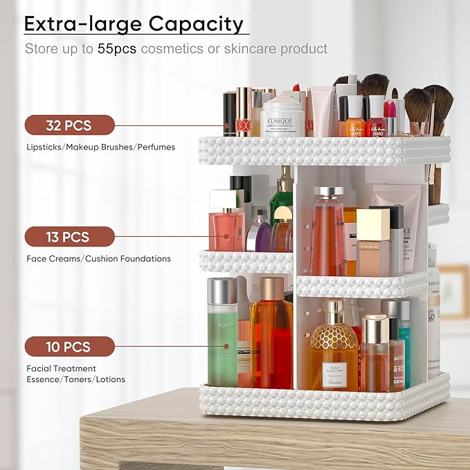 360°Rotating Makeup Organizer, Large Capacity Vanity Organizer with DIY Adjustable Trays, Makeup Brush Cosmetic Skincare Organizer Spinning Holder Shelf Storage Rack, Perfume Organizer For Dresser