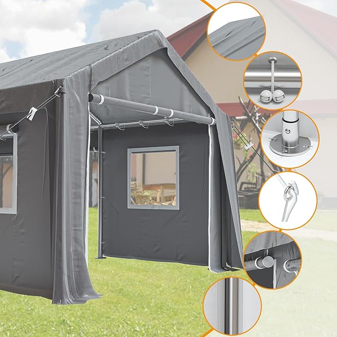 13x20ft Heavy Duty Carport Outdoor Canopy Portable Garage with 4 Doors & 4 Windows Waterproof UV Resistant Storage Shelter with Removable Sidewalls for Car Truck Boat, Gray
