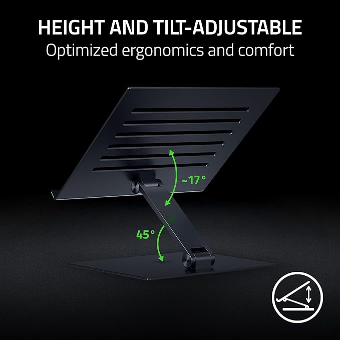Razer Adjustable Laptop Stand: Supports Phones, Tablets, Laptops, Macbooks up to 18" - Adjust Height and Tilt - Durable Aluminum Construction - Vented Design - Foldable for Storage & Travel - Black