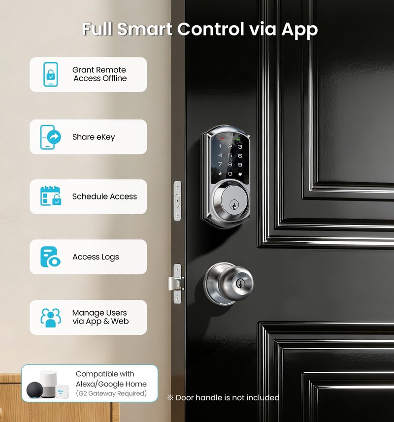Veise VE06 Smart Deadbolt with App Control, Keyless Entry Smart Lock for Front Door, Electronic Digital Door Lock with Code, Easy Install, Satin Nickel