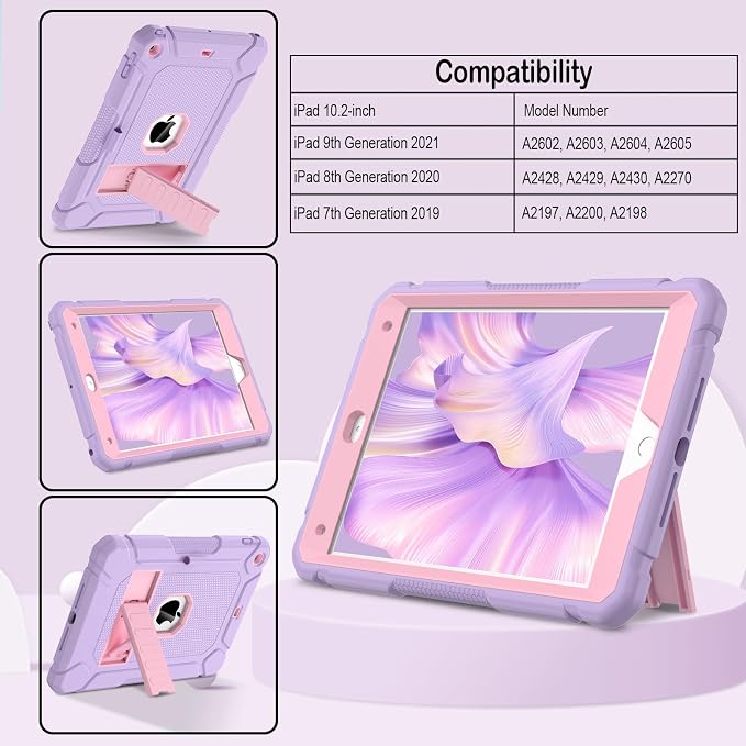 LTROP Case for iPad 10.2-Inch 9th/ 8th/ 7th Generation (2021/2020/ 2019) with Pencil Holder &amp Kickstand Hybrid Shockproof Rugged Protective Case for iPad 9/8/ 7 Gen 10.2 Purple and Green