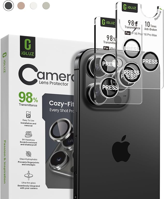 iGluz 2 Pack Anti-Reflection Camera Lens Protector for iPhone 17/16/16 Plus [98% Transmittance][1-Step Installation][Strong Adsorption] 9H Shatterproof Tempered Glass-Black