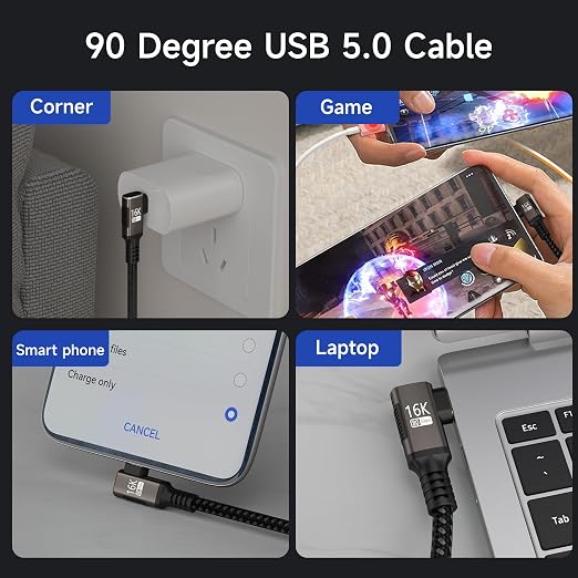 right angle USB C long Cable 10FT Compatible With Thunderbolt 5/4Type C 240W Fast ChargingUSBC 16K@60Hz/8K@120Hz HD Video Output for Display90 degree USB 5/4 Cable 80Gbps Data Transfer for SSD/Dock
