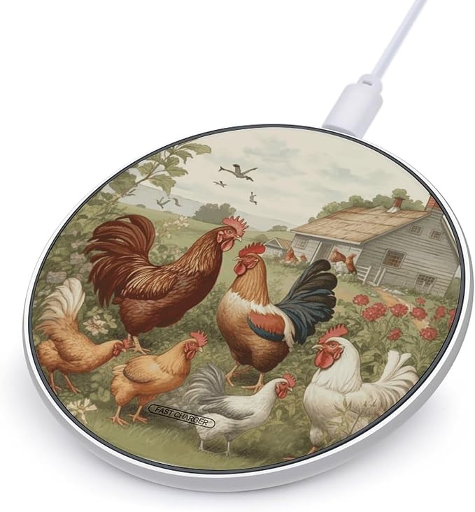 Chickens and Farm Wireless Charger 10W Qi-Certified Fast Wireless Charging Pad with USB Cable &amp LED Indicator Fashion Charger Mat Portable Charging Station for All Qi-Enabled Phones