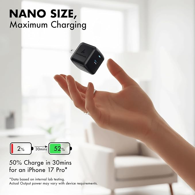 PD 30W Wozoyo GaN Charger Type-C Fast Charger Compatible for iPhone 17/16/16 Pro Max/15 Series/iPad Pro Smartphones &amp Tablets QC 3.0Compact Foldable Plug Design Smart Power Delivery