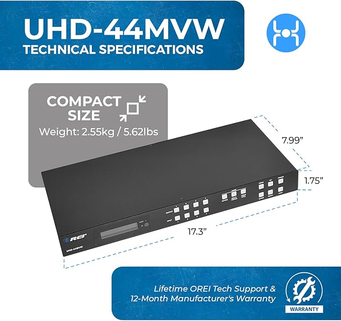OREI 4K 4x4 HDMI Matrix Video Wall Controller Processor Multiviewer Display Upto 4K 60hz 2x1, 1x2, 1x3, 1x4 Supports 180 Degree Rotate RS-232 Audio Extraction (UHD-44MVW)