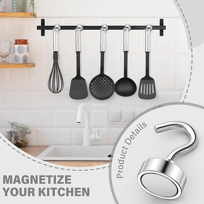 100Pack Heavy Duty Magnetic Hooks, 25 lbs Strong Neodymium Magnet Hooks for Hanging Mugs, Magnetic Key Holder for Fridge, Magnet with Hook for Cruise, Grill, Fridge - Silver