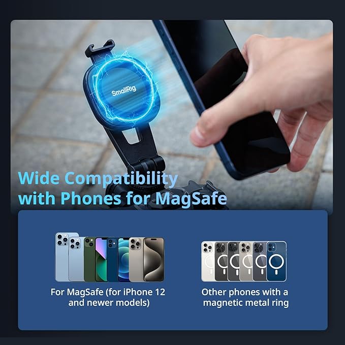 SMALLRIG AC-10 Magnetic Attachable Phone Clamp, Phone Mount with Cold Shoe Mount and 1/4"-20 Threaded Hole, for iPhone 17/16 / 15/14 / 13/12 Series, 90° Tilt for Recording, Live Streaming-5283