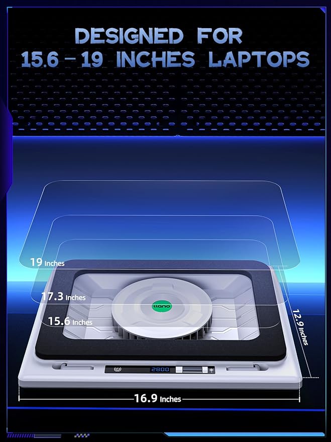 llano V12 Laptop Cooling Pad with 5.5" Turbofan – High-Speed Cooling for 15-19 Inch Gaming Laptops, Adjustable Speed & Touch Control, 3-Port USB Hub, with Mousepad, White (No RGB)
