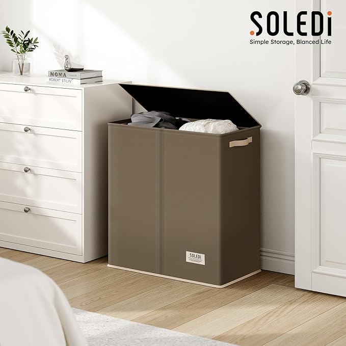 SOLEDI Large Double Laundry Hamper with Lid, Collapsible Clothes Hamper 2 section with Removable Bags, Space-Saving Laundry Basket for Bedroom, Dorm, College