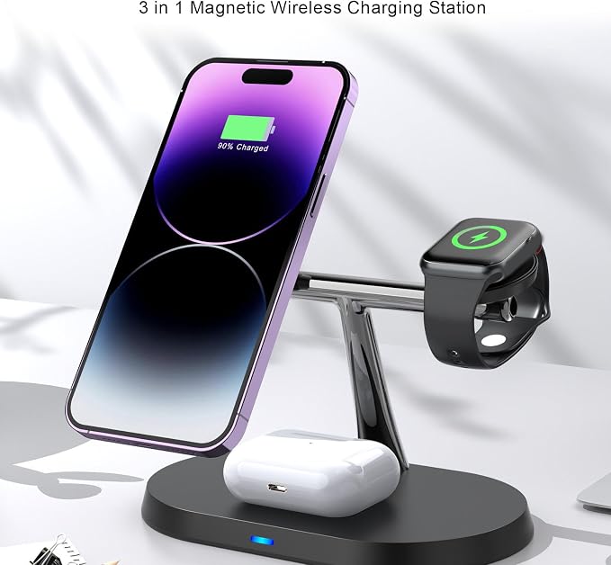 Cuifati 3 in 1 Wireless Charger Stand Fast Magnetic Charging Station for Multiple Devices with 15W Output for Phones
