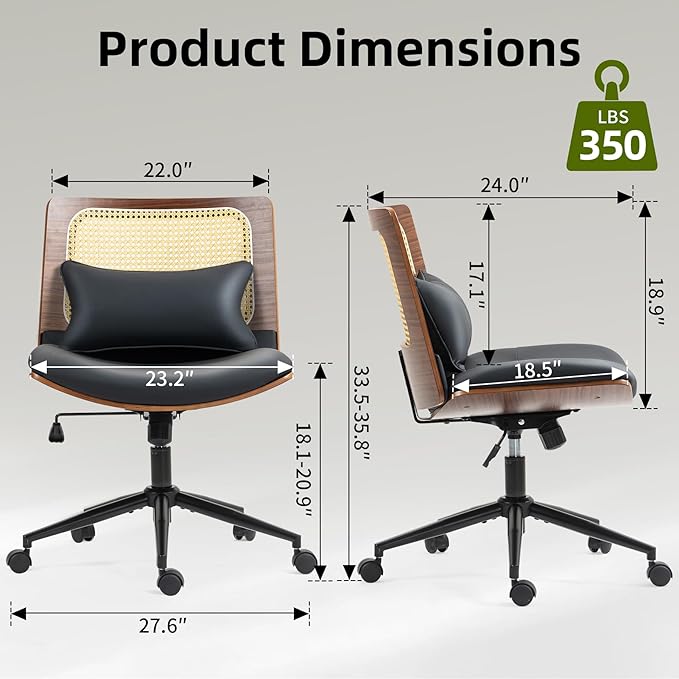 Rattan Office Chair, Criss Cross Legged Office Desk Chairs with Wheels, PU Leather Adjustable Swivel Walnut Task Chair with Wide Seat, Ergonomic Mid Back Computer Chair for Meeting Room, Home