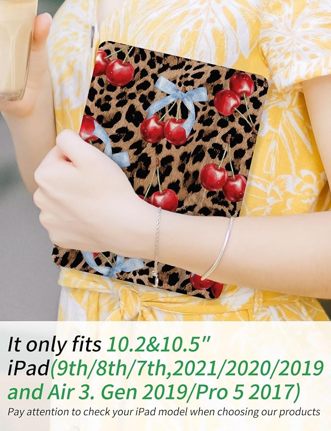 Case for iPad 9th/ 8th/ 7th Generation Case 10.2&amp10.5 Inch (2021/2020/2019 Release) Slim Lightweight Soft Trifold Back Cover with Pencil Holder &amp Auto Sleep/Wake Cover Cherries Cheetah Bows