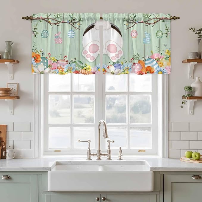 Easter Kitchen Tier Curtains 36 Inch Long 2 Panel Set, Rod Pocket Half Window