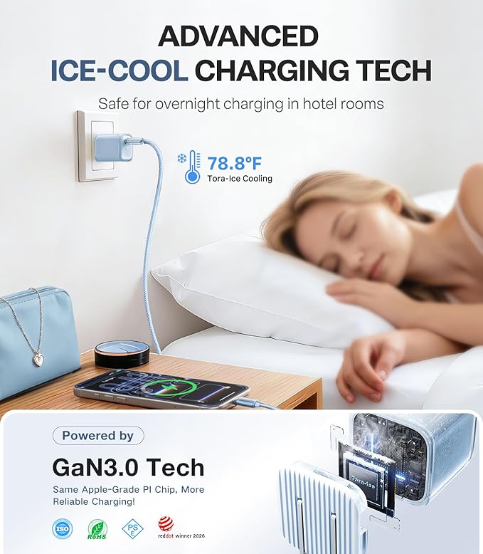 TORRAS IceNano 30W USB C Wall Charger Ultra Mini Foldable Fast Charger Block with Cooling Tech Compact Travel Wall Charger for iPhone 17/16/15 Samsung iPad Desert Gold (5.6ft Cable Included)