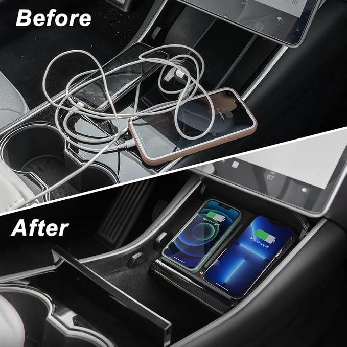 TAPTES Wireless Charger for Tesla Model 3 2017 2018 2019 2020 Dual Phone Charging Pad for Tesla Model 3 Accessories Car Center Console Interior Compatible with iPhone &amp Smartphones Black