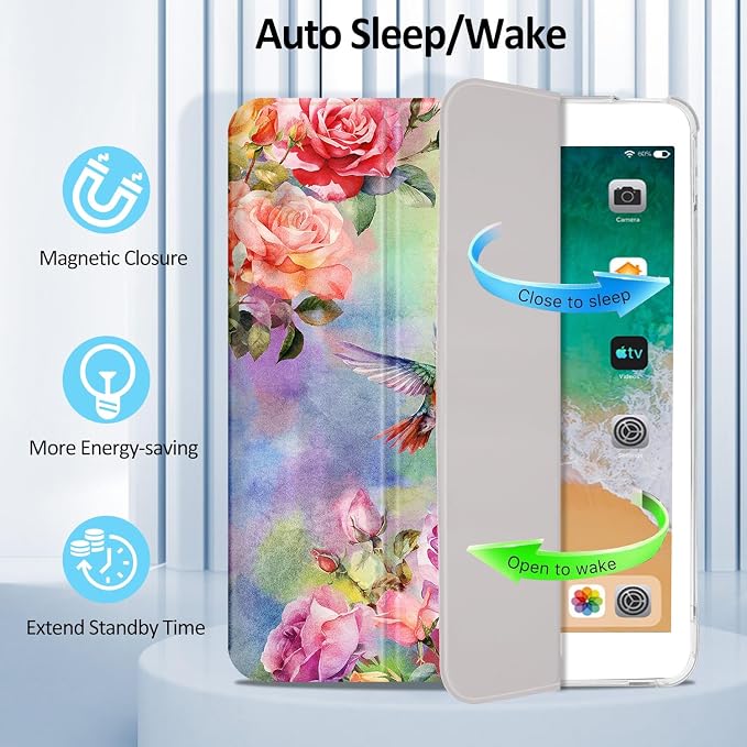 Lokigo for iPad 9th/ 8th/ 7th Generation Case 10.2 Inch (2021/2020/2019 Release) iPad Air 10.5 (3rd Generation) 2019 /Pro 10.5 2017 Case with Translucent Hard Shell Back -Flowers