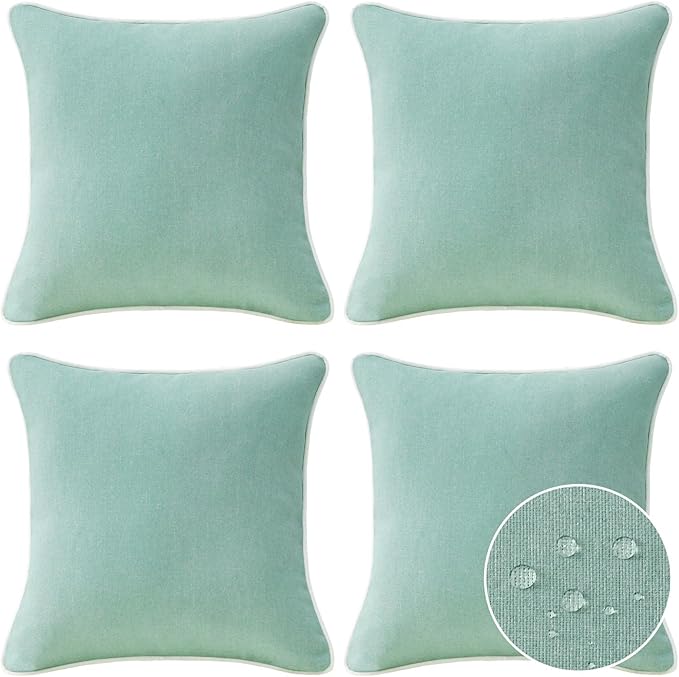 Decorative Outdoor Water Repellent Throw Pillows with Inserts, Set of 4, 16" x16" Pillows for Patio, Backyard, Bed, Couch, and Patio Furniture, Aqua Green