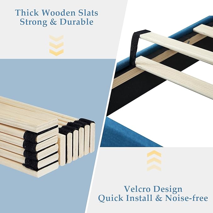 VECELO Queen Size Bed Frame with Adjustable Headboard, Upholstered Button Tufted Platform Bedframe with Wood Slats Support, No Box Spring Needed, Aegean Blue