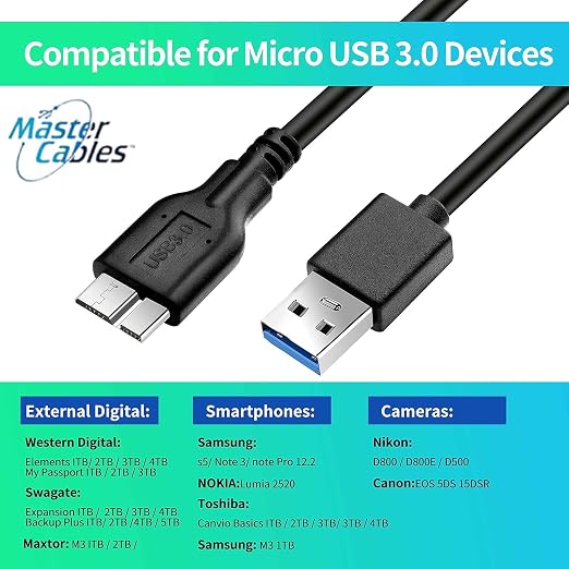 Master Cables USB 3.0 Data Transfer Cable Compatible with LaCie External Hard Drives – Replacement USB Type A to Micro USB B Lead for Fast File Transfer Backup &amp Sync – High Speed External HDD Ca
