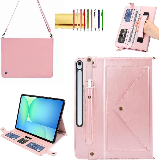 Handbag Case for Samsung Galaxy Tab S10 FE/S9 FE 10.9/S9/S8/S7 11 Techcircle Folio Stand Crossbody Wallet Protective Cover with S Pen Holder &amp Card Slots Hand Strap &amp Shoulder Strap Black