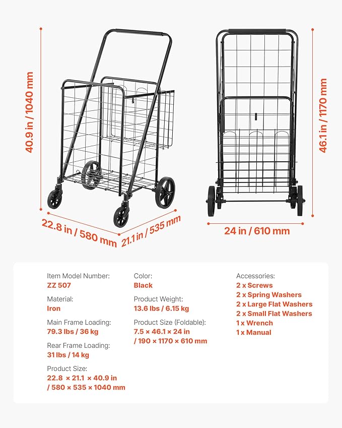 VEVOR Folding Shopping Cart, Jumbo Grocery Cart with Double Baskets, 360° Swivel Wheels, Heavy Duty Utility Cart, 110 LBS Large Capacity Utility Cart for Laundry, Shopping, Grocery, Luggage, Black