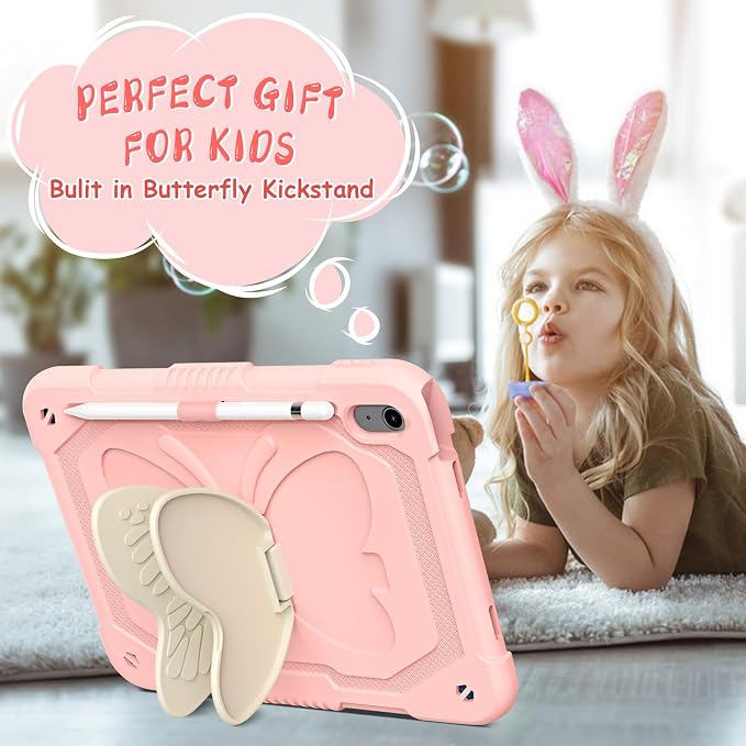 Ambison Kids Case for iPad A16 11th/10th Generation 11''/10.9'' Multicolor | 9H Tempered Glass Screen Protector Butterfly Stand Shoulder Strap Heavy DutyShockproof Pencil Holder