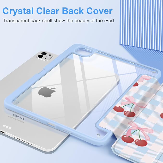 DONGKE for iPad Pro 11-Inch Case (M5 2025 / M4 2024) 6th/5th Generation [Auto Sleep/Wake &amp Pencil Pro Holder] Clear Acrylic Back Smart Trifold Stand Cover Bear &amp Cherry
