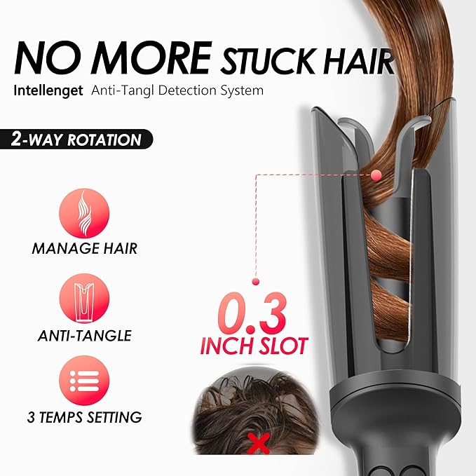 LA MAESII Automatic Rotating Curling Iron, Hair Curler with 3 Temps Fast Heating, 2-Way Rotating 1 Inch Curling Wand, Ceramic Coating, Ionic, Anti-Scald, Anti-Tangle, Dual Voltage Auto Shut-Off (Gray)