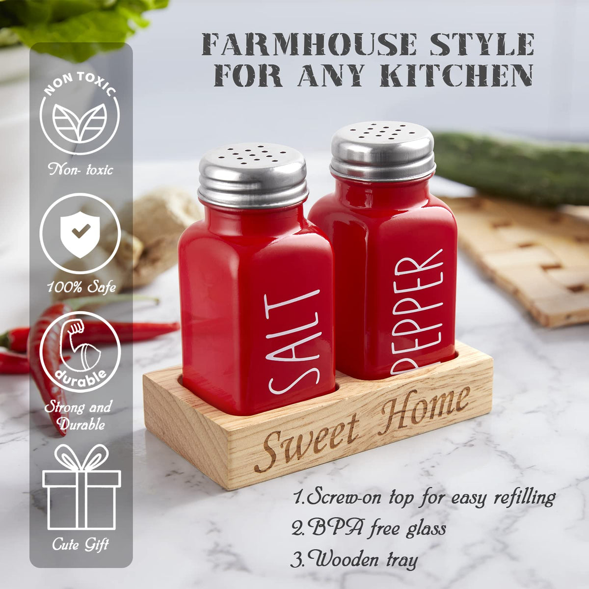 Red Salt and Pepper Shakers Set with Holder - Dopeca Glass Salt Shaker with Wood Tray for Kitchen Counter - Red Kitchen Decor and Accessories - for Christmas Kitchen Housewarming Gift - 2.7 oz