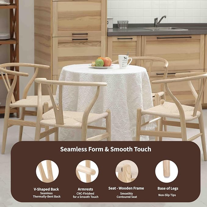 Tomile Wishbone Chair Y Chair, Wooden Dining Chairs Set of 2, Mid Century Modern Chairs with Arms, Solid Wood Weave Seat Kitchen & Dining Room Chairs (Ash Wood - Natural Wood Color)