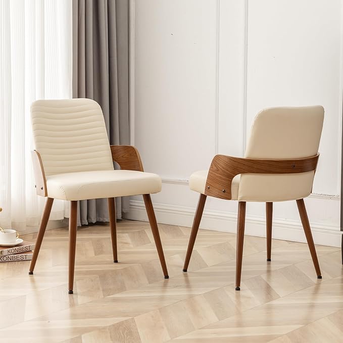 Dining Room Chairs Set of 2,Mid Century Modern Kitchen Chair,Upholstered Faux Leather Accent Chairs,Metal Legs Wooden Desk Chair,Armless and No Wheels for Kitchen Dining,Beige PU