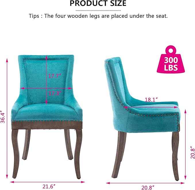 Farmhouse Dining Chairs Set of 4, Upholstered Fabric Dining Room Accent Chairs with Wood Legs & Bronze Nailhead, High Wingback Kitchen Chairs for Living Room Hotel Apartment, Blue