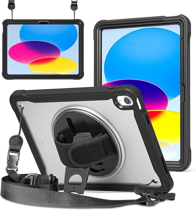 ZenRich Shockproof Case for iPad (A16) 11th/10th Generation Black | Pencil Holder 360° Rotating Kickstand Hand Strap Adjustable Carrying Strap Heavy Duty Rugged