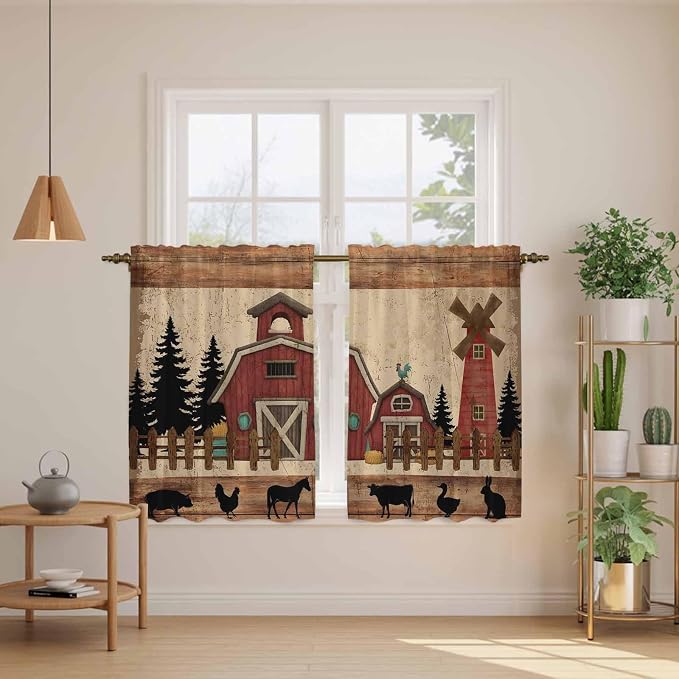 Brown Farmhouse Tier Curtains, Vintage Country Animals Wooden Grain Light