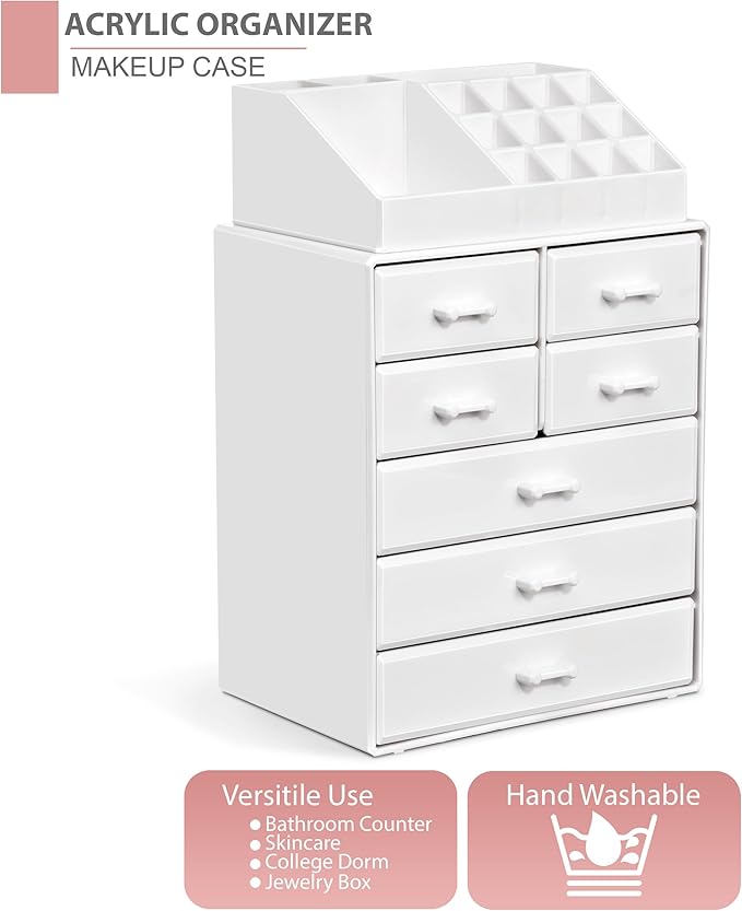 Sorbus Makeup Organizer, Brush Holder and Make Up Storage Drawers - Acrylic Makeup organizer for vanity, Bathroom - Cosmetic Display Cases with 3 large, 4 Small Drawers & 1 Tray for Makeup Brush