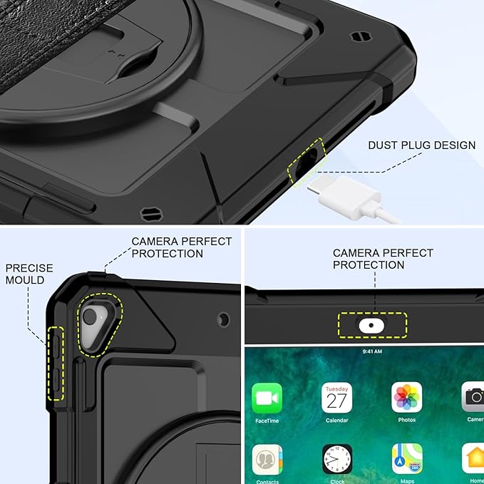 BMOUO Case for iPad 6th/5th Generation Case (9.7 inch 2018/2017) 360°Rotating Stand Hand/Shoulder Strap Shockproof iPad 9.7” Case for iPad Air 2 Black
