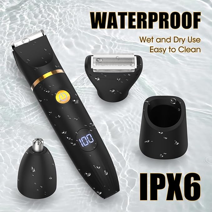 Qreeyx Manscape Body Trimmer for Men, 3 in 1 Men's Grooming Kit with Pubic/Nose Hair Trimmer & Ball Shaver for Nose/Balls/Groin/Legs/Chest Hair Removal, LED Display, IPX6 Waterproof, Gifts for Him Dad