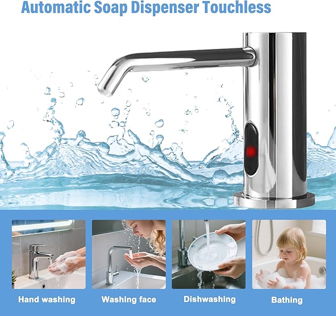 Automatic Soap Dispenser Touchless for Kitchen Bathroom Sink Built in Electric Soap Dispenser Infrared Sensors Liquid Commercial Dispenser with Bottle and Pump 33.81oz/1000ml (Chrome)
