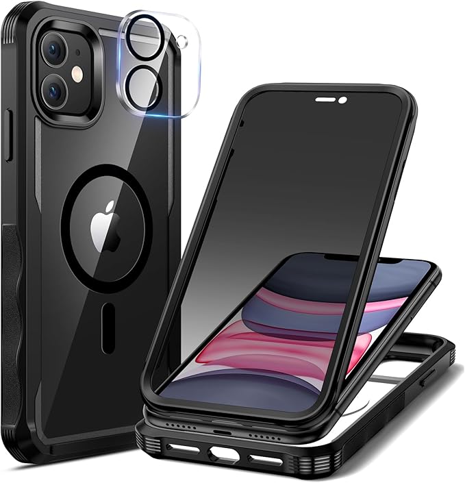 seacosmo for iPhone 11 Case, Full Body Bumper with Built-in 9H Tempered Glass Privacy Screen Protector and Camera Lens Protector, Compatible with MagSafe, Shockproof 11 Phone Case, 6.1", Black