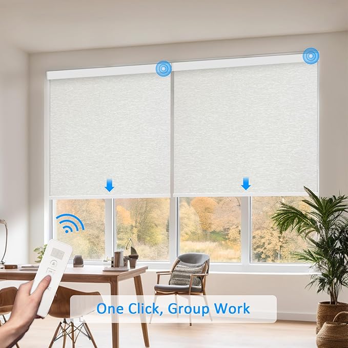 COOLWINDS Motorized Blinds with Remote Cordless Automatic Motorized Shades Custom Blinds for Windows Smart Curtains Compatible with Alexa Google Home(Blackout Jacquard Beige,W53 x H72in)