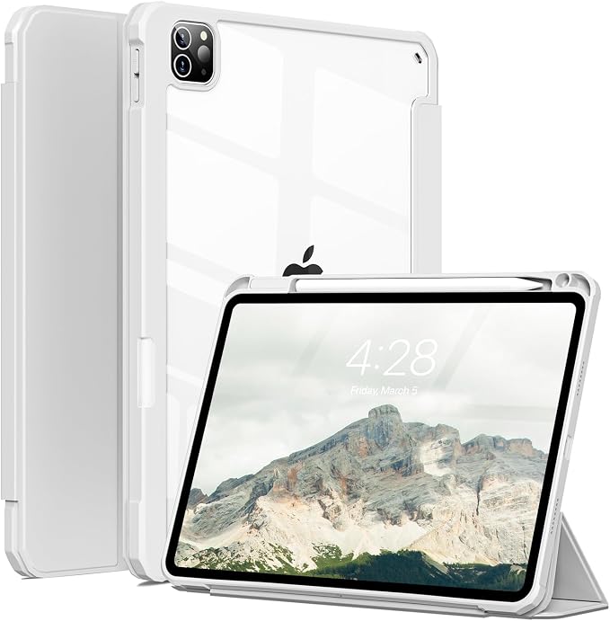 Clear Case for iPad Pro 12.9 inch 6th/5th/4th/3rd Gen 2022/2021/2020/2018 with Pencil Holder Lightweight Shockproof Trifold Stand Transparent Acrylic Back Cover Auto Wake/Sleep Black