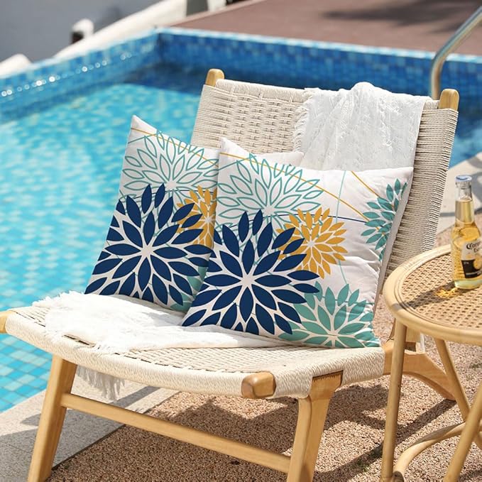 Dark Blue and Light Green Floral Pillow Covers 20x20 Set of 2 Outdoor Pillows Covers Waterproof Summer Pillowcovers Polyester Cushion Case Decor for Couch Patio Funiture Garden Porch 01T20