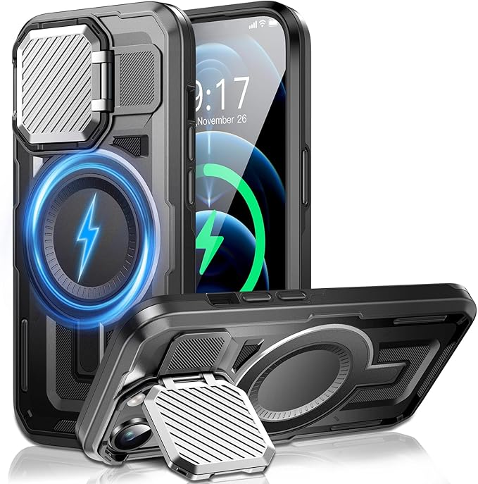 Camera Stand Case for iPhone 12 Pro Max, [Compatible with MagSafe] [Lens Cover] 2024 Version Military Grade Protective Soft Case for iPhone 12 Pro Max 6.7 inch Men Women, Black