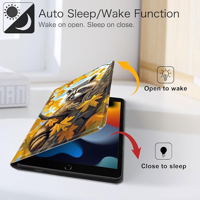 for iPad 11th Generation (A16 2025) 11 / iPad 10th Gen 10.9 2022 Case 360° Rotating PU Leather Stand Cover with Auto Sleep/Wake Shockproof TPU Backl Raccoon Perched