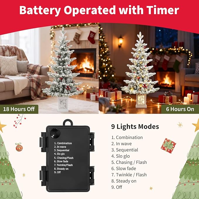 Small Pre-Lit Christmas Tree with LED Lights - 3.5FT Snow Flocked Ariticifial Tree with Snowflake Base, Battery Operated & Auto Timer for Home Office Xmas Decor