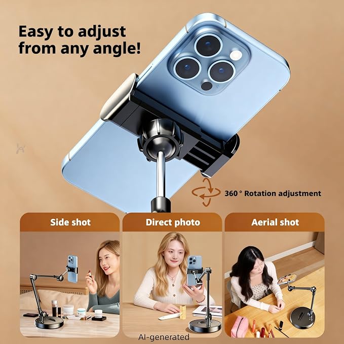 Dual Phone Stand for Desk 2-in-1 Holder with 762g Weighted Base 360° Adjustable Arm for Live Streaming &amp Learning