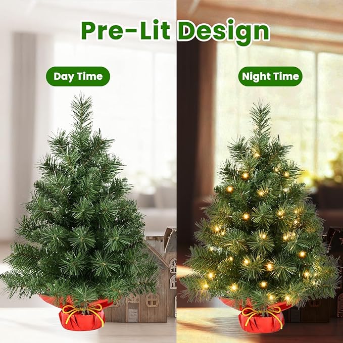 Pre-Lit 2ft Small Christmas Tree, Tabletop Christmas Trees with 50 LED Lights, Mini Artificial Xmas Tree for Table,Desk,Home,Office,Christmas Decor