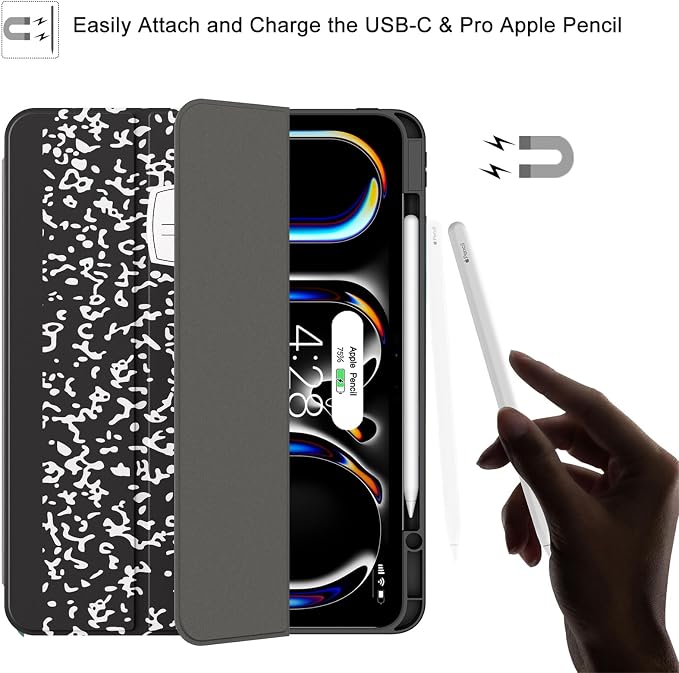 Soke Case for New iPad Pro 13 Inch (M5/M4 2025/2024 Release) with Pencil Holder Trifold Stand Shockproof [Support Apple Pencil Charging + Auto Wake/Sleep] Soft TPU Back Cover Book Black